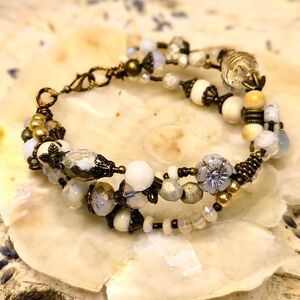 Antique White Glass Druid Flower Wreath Wrap Bracelet In Brass